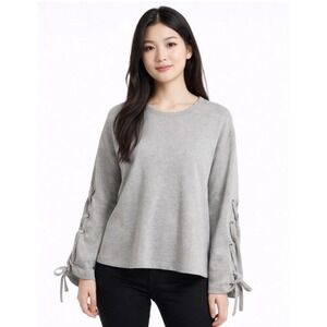 Ann Taylor Gray Lace Up Sleeve Knit Top Crew Neck LS Heather M Athleisure 102-55
